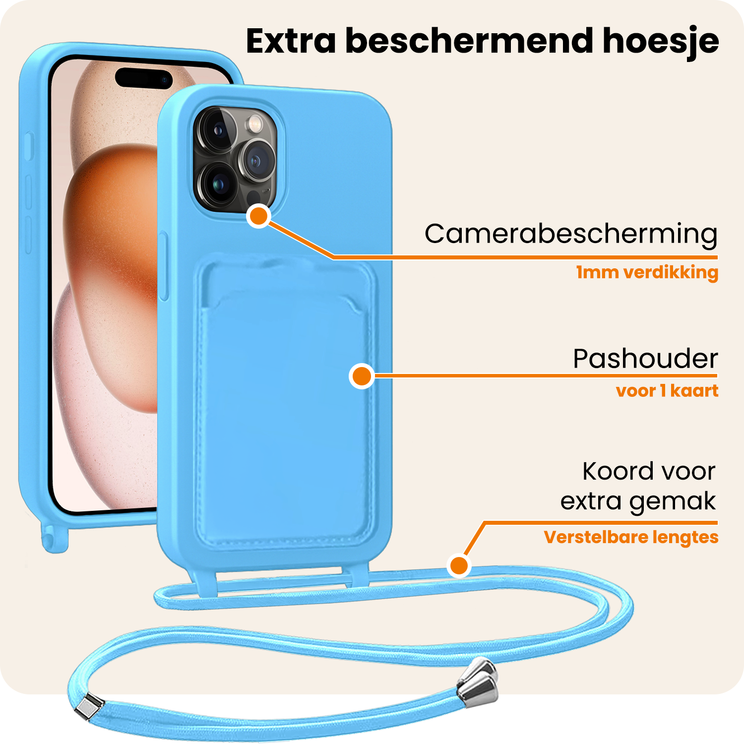 Nomfy Nomfy iPhone 14 Pro Max Hoesje Pashouder met Koord Met 2x Screenprotector - Lichtblauw