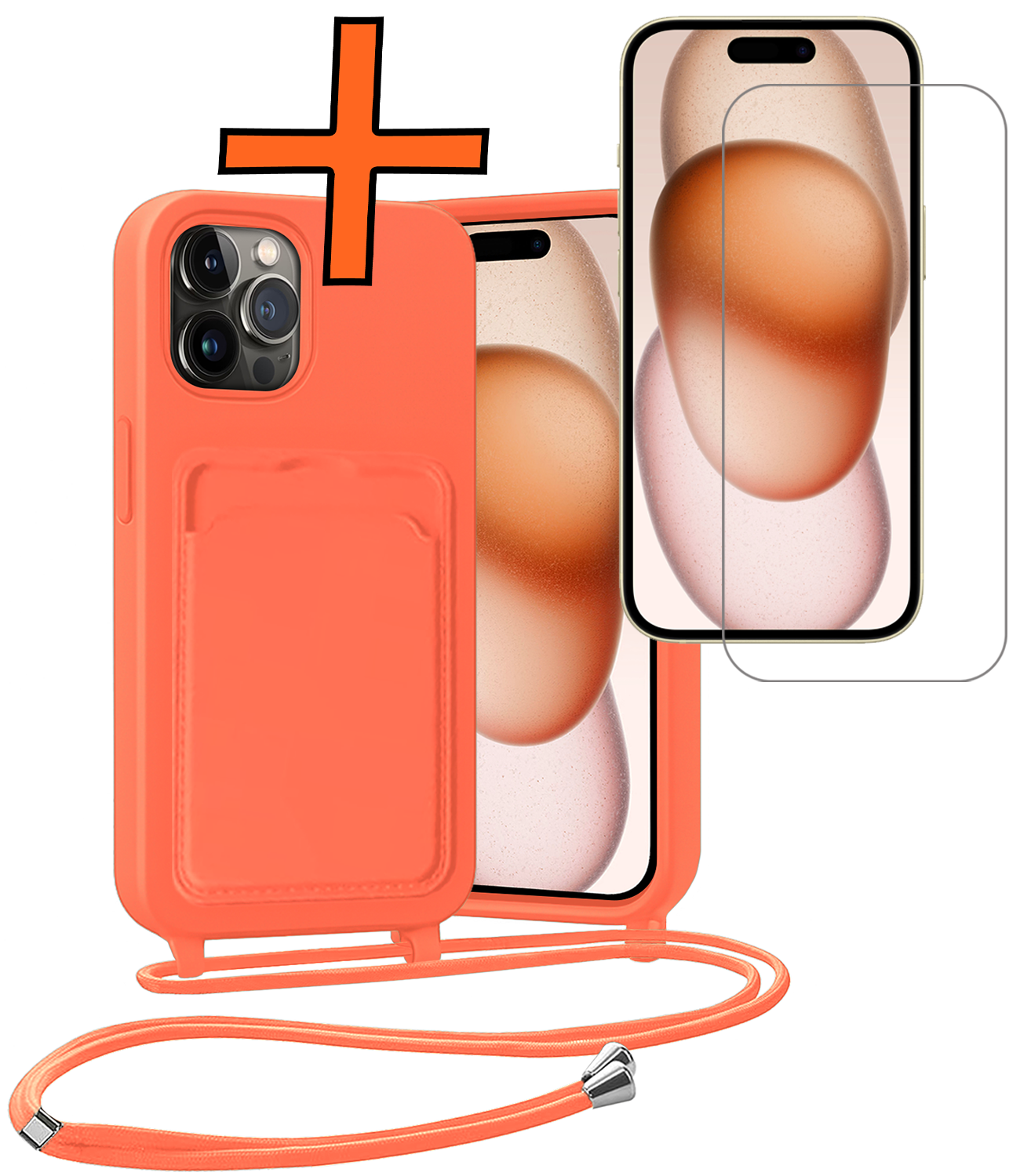 Nomfy Nomfy iPhone 14 Pro Max Hoesje Pashouder met Koord Met Screenprotector - Papaya
