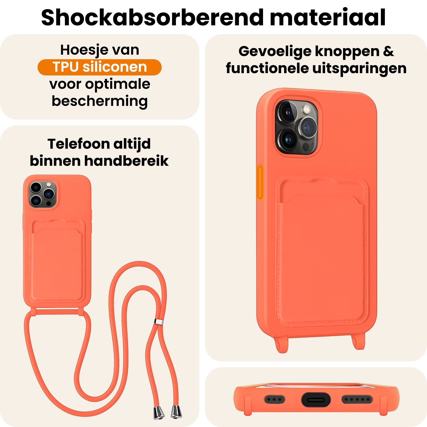 Nomfy Nomfy iPhone 14 Pro Max Hoesje Pashouder met Koord Met Screenprotector - Papaya