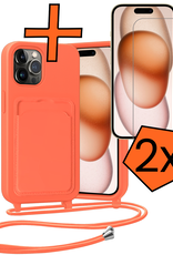 Nomfy Nomfy iPhone 14 Pro Max Hoesje Pashouder met Koord Met 2x Screenprotector - Papaya