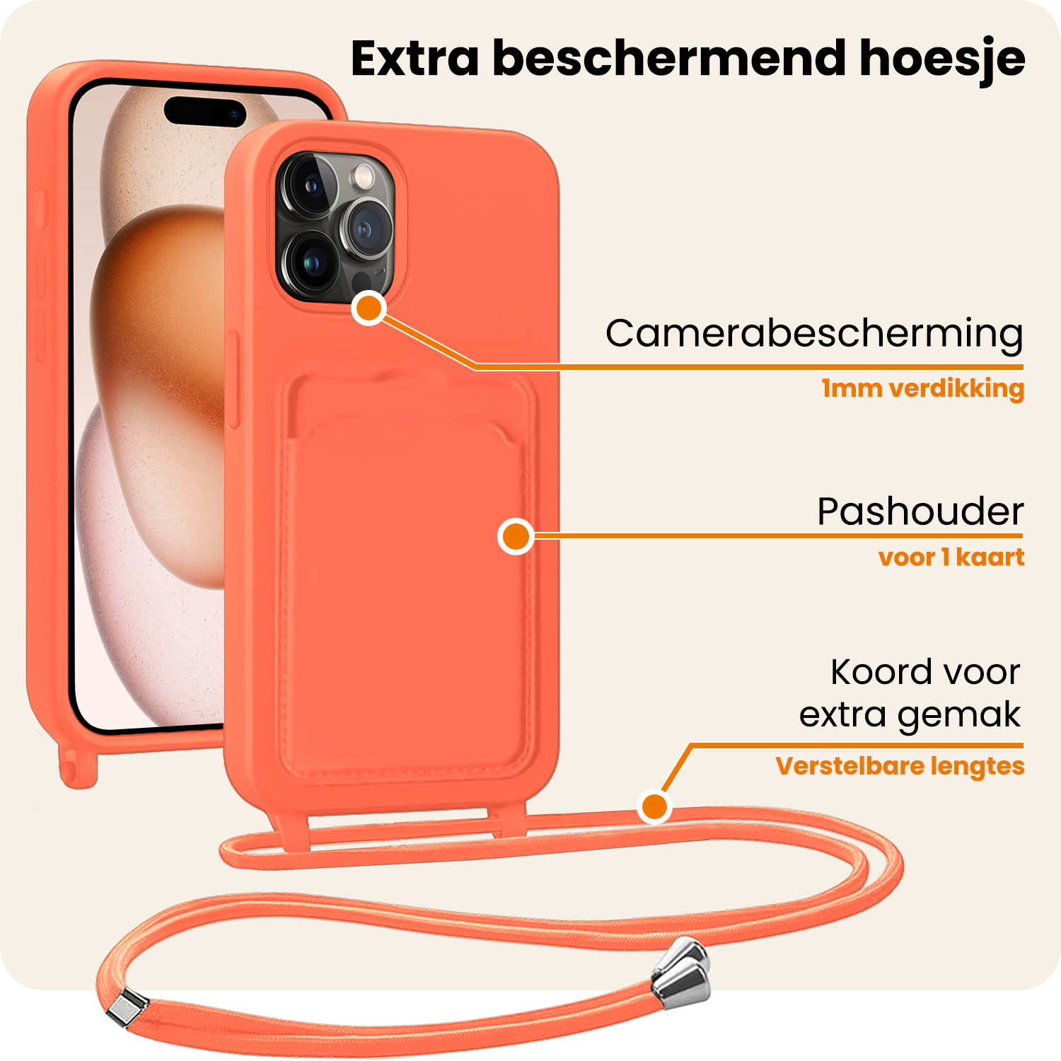 Nomfy Nomfy iPhone 14 Pro Max Hoesje Pashouder met Koord Met 2x Screenprotector - Papaya