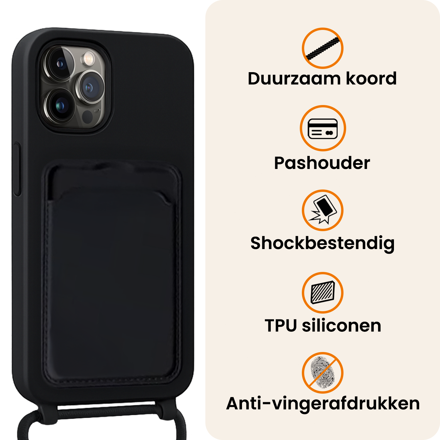Nomfy Nomfy iPhone 14 Pro Max Hoesje Pashouder met Koord Met Screenprotector - Zwart