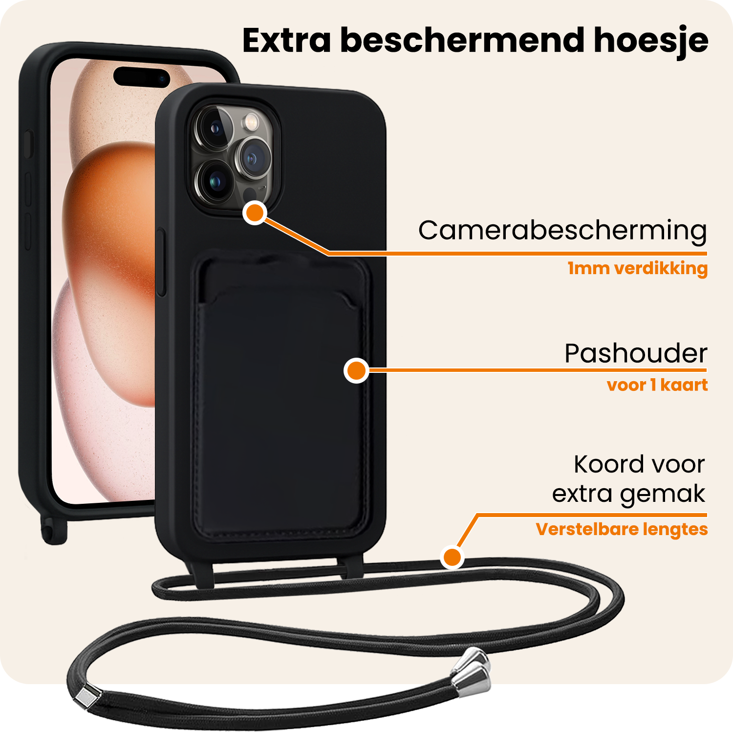 Nomfy Nomfy iPhone 14 Pro Max Hoesje Pashouder met Koord Met Screenprotector - Zwart