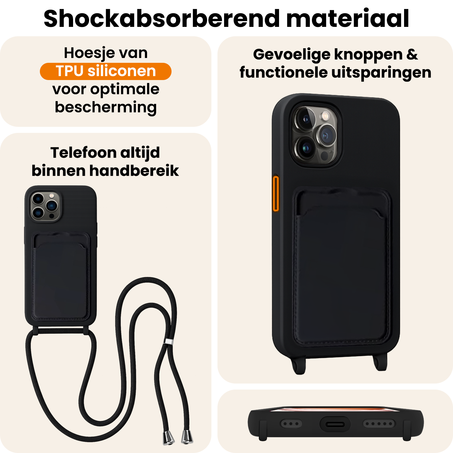Nomfy Nomfy iPhone 14 Pro Max Hoesje Pashouder met Koord Met Screenprotector - Zwart