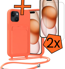 Nomfy Nomfy iPhone 15 Plus Hoesje Pashouder met Koord Met 2x Screenprotector - Papaya