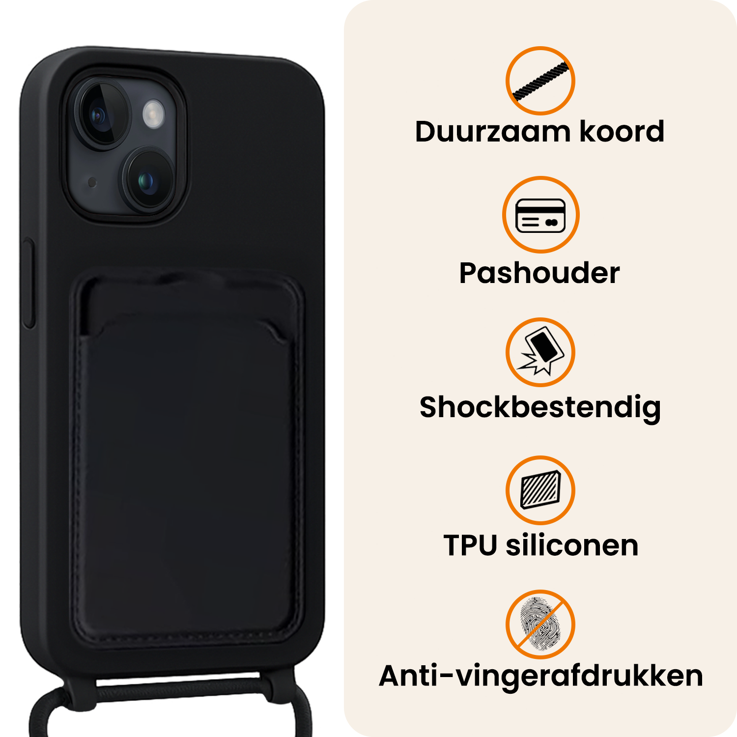 Nomfy Nomfy iPhone 15 Hoesje Pashouder met Koord Met Screenprotector - Zwart