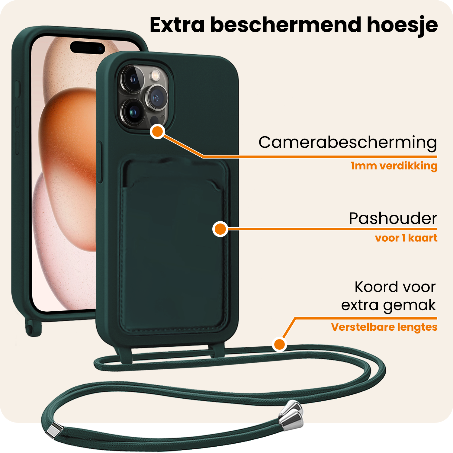 Nomfy Nomfy iPhone 16 Hoesje Pashouder met Koord - Donkergroen