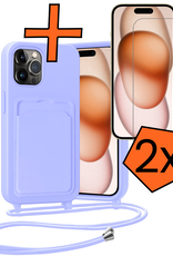 Nomfy Nomfy iPhone 16 Hoesje Pashouder met Koord Met 2x Screenprotector - Lila