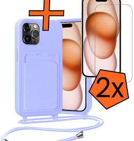Nomfy Nomfy iPhone 16 Hoesje Pashouder met Koord Met 2x Screenprotector - Lila