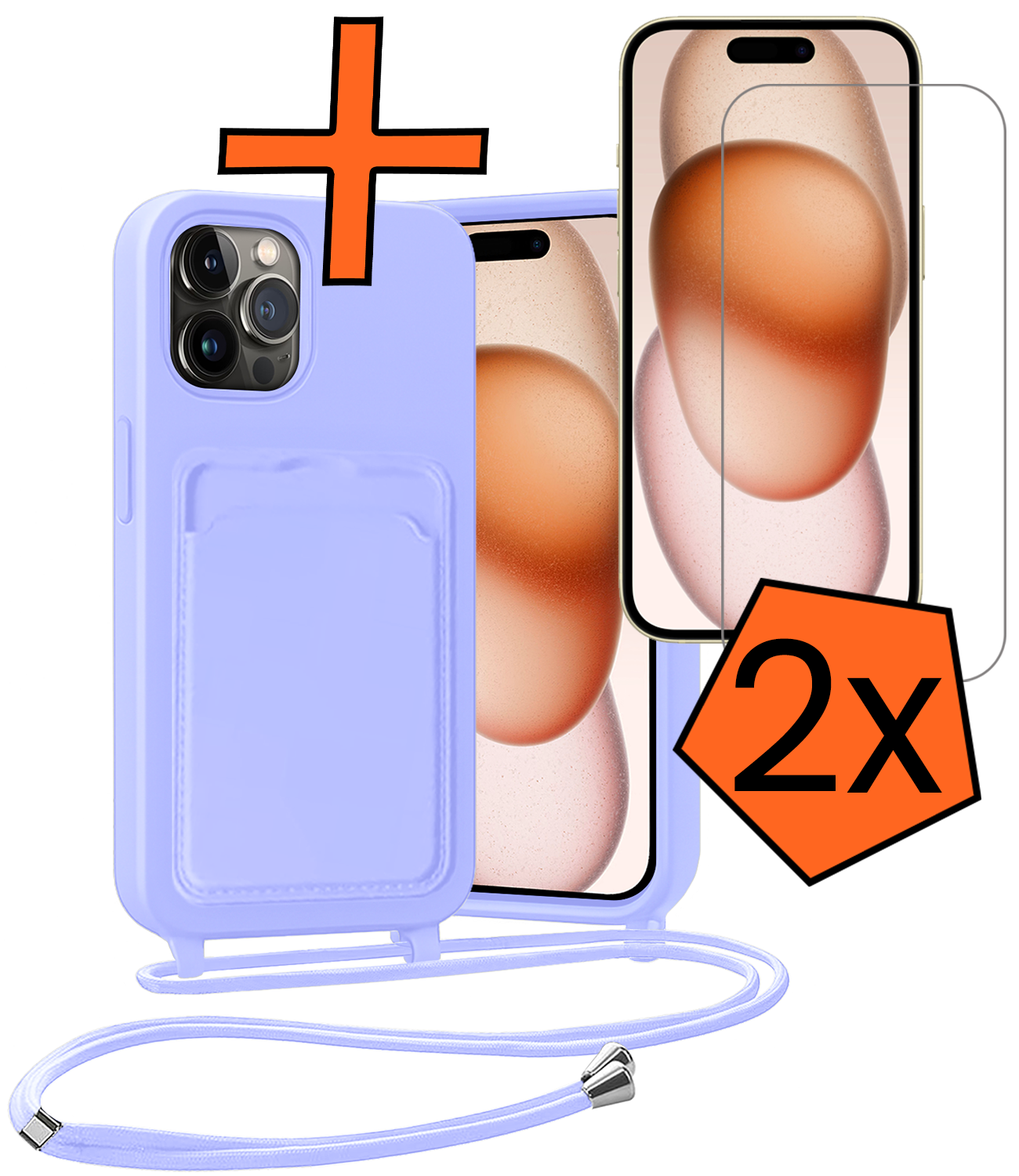 Nomfy Nomfy iPhone 16 Hoesje Pashouder met Koord Met 2x Screenprotector - Lila