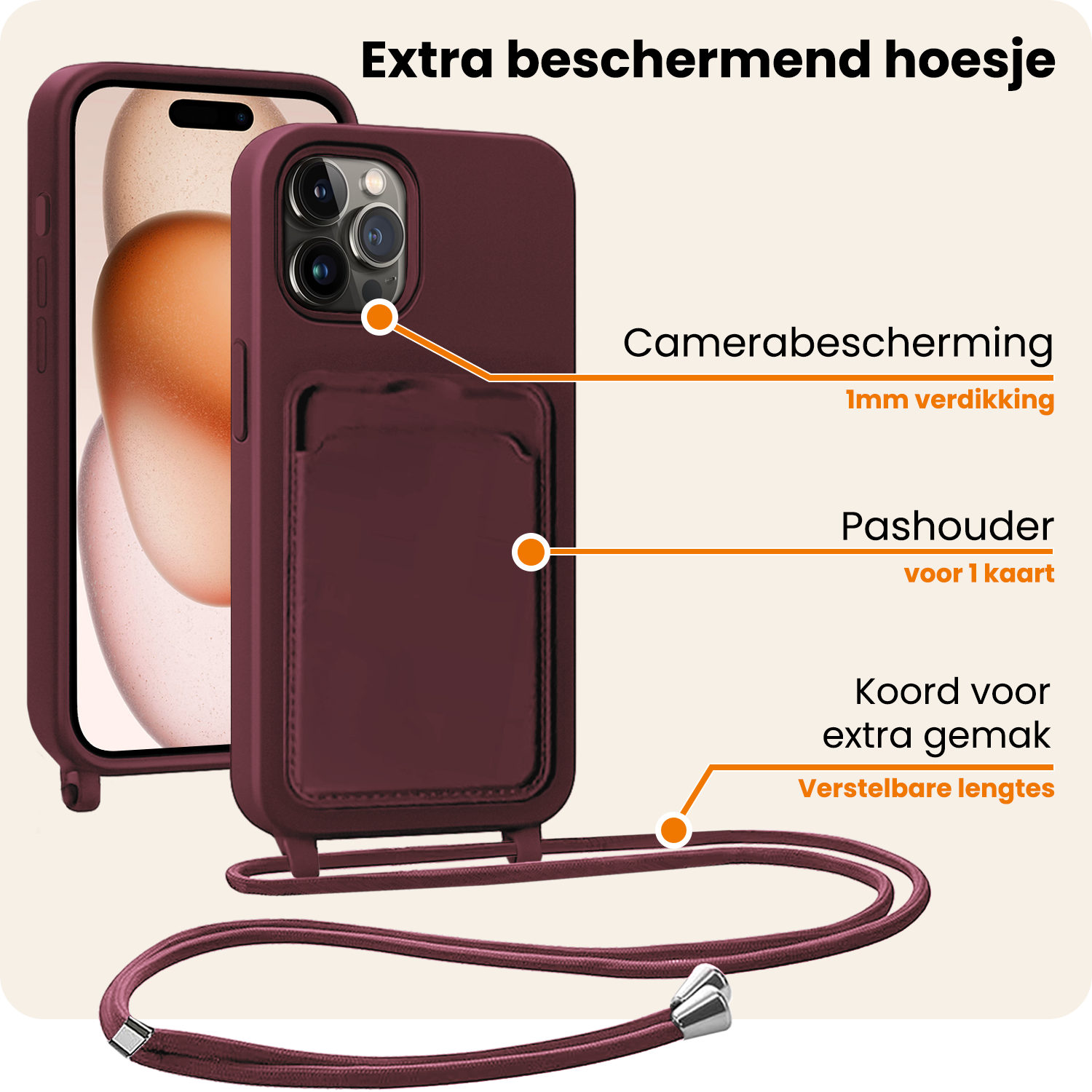 Nomfy Nomfy iPhone 16 Pro Hoesje Pashouder met Koord - Aubergine - 2 PACK