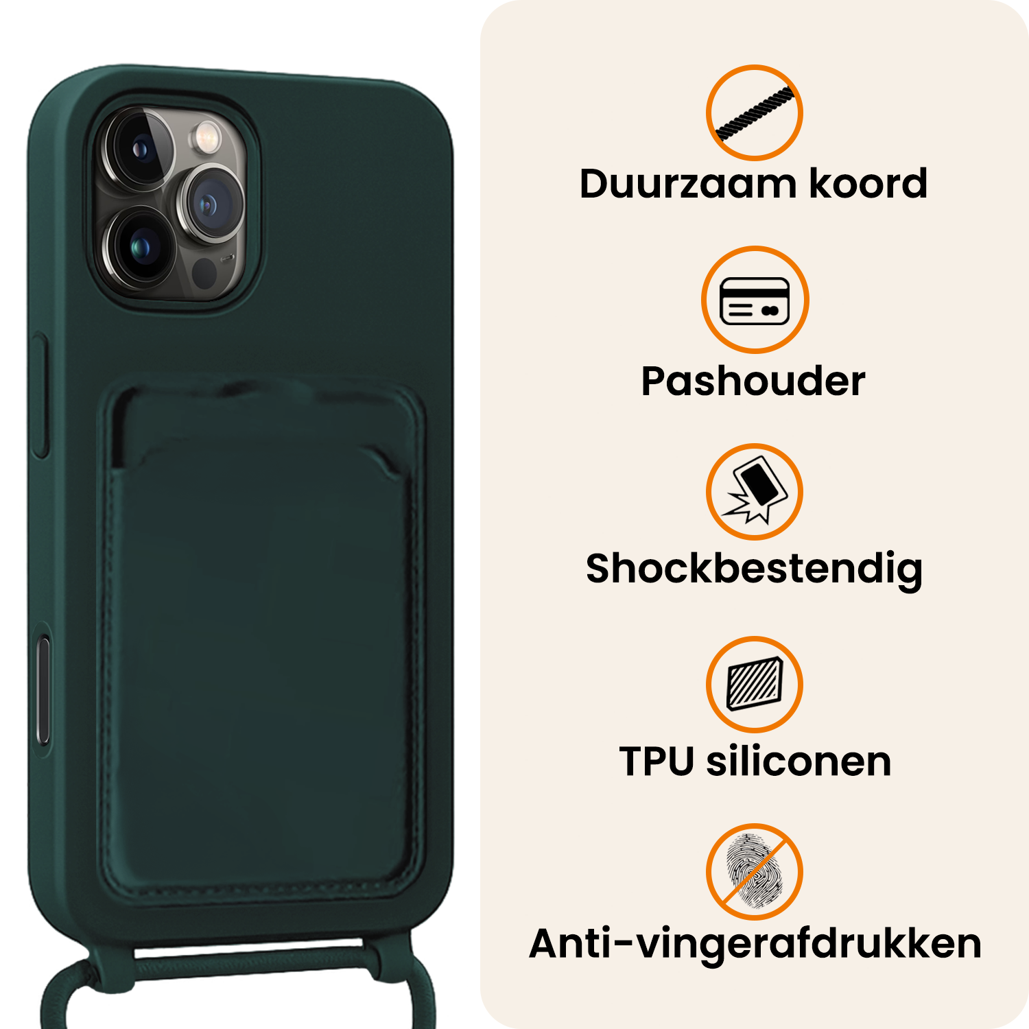 Nomfy Nomfy iPhone 16 Pro Max Hoesje Pashouder met Koord Met 2x Screenprotector - Donkergroen