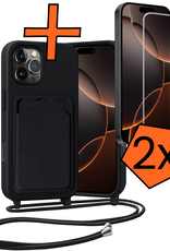 Nomfy Nomfy iPhone 16 Pro Max Hoesje Pashouder met Koord Met 2x Screenprotector - Zwart