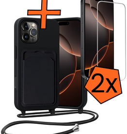 Nomfy Nomfy iPhone 16 Pro Max Hoesje Pashouder met Koord Met 2x Screenprotector - Zwart