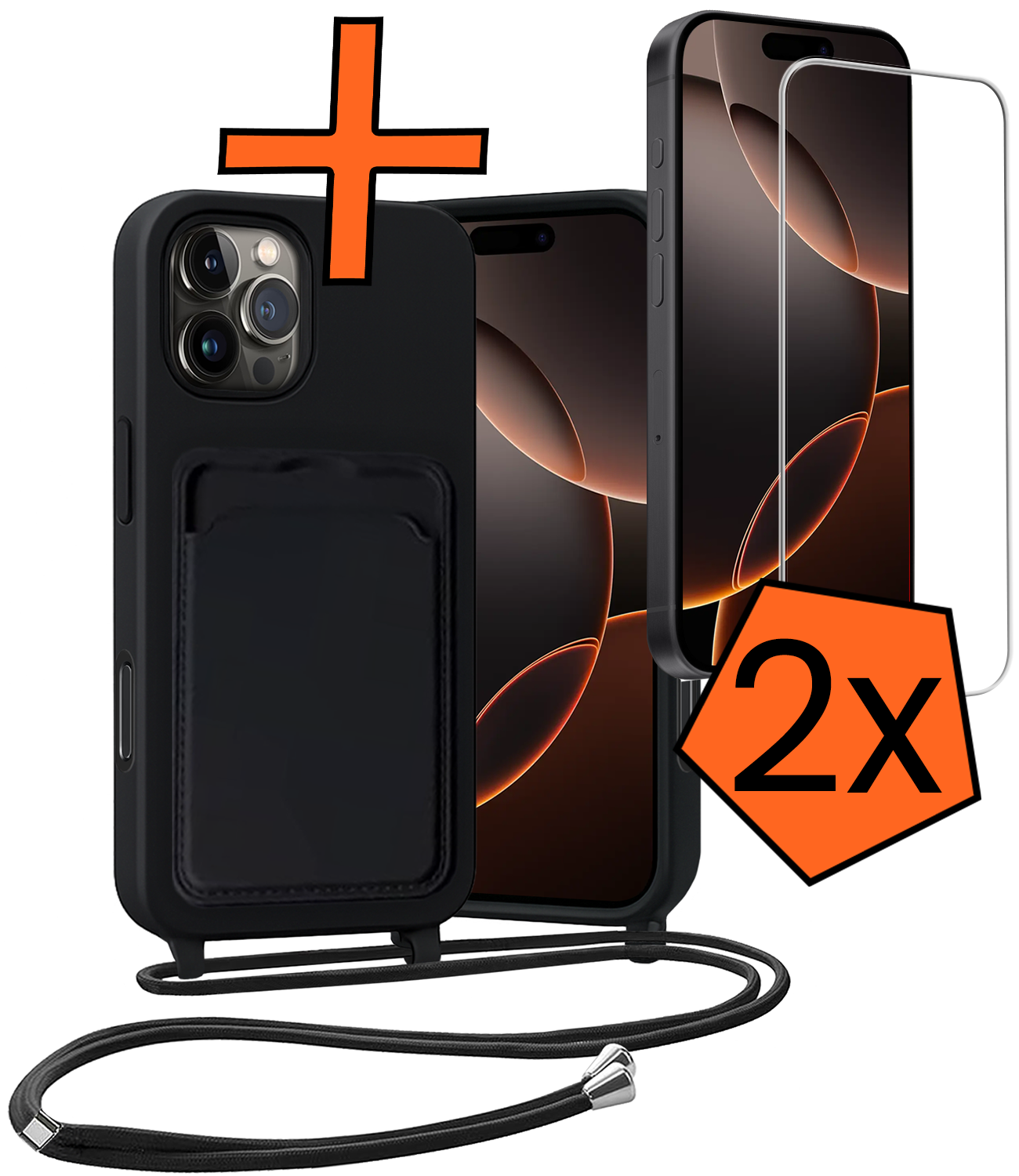 Nomfy Nomfy iPhone 16 Pro Max Hoesje Pashouder met Koord Met 2x Screenprotector - Zwart