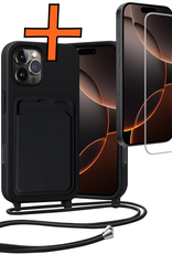 Nomfy Nomfy iPhone 16 Pro Max Hoesje Pashouder met Koord Met Screenprotector - Zwart