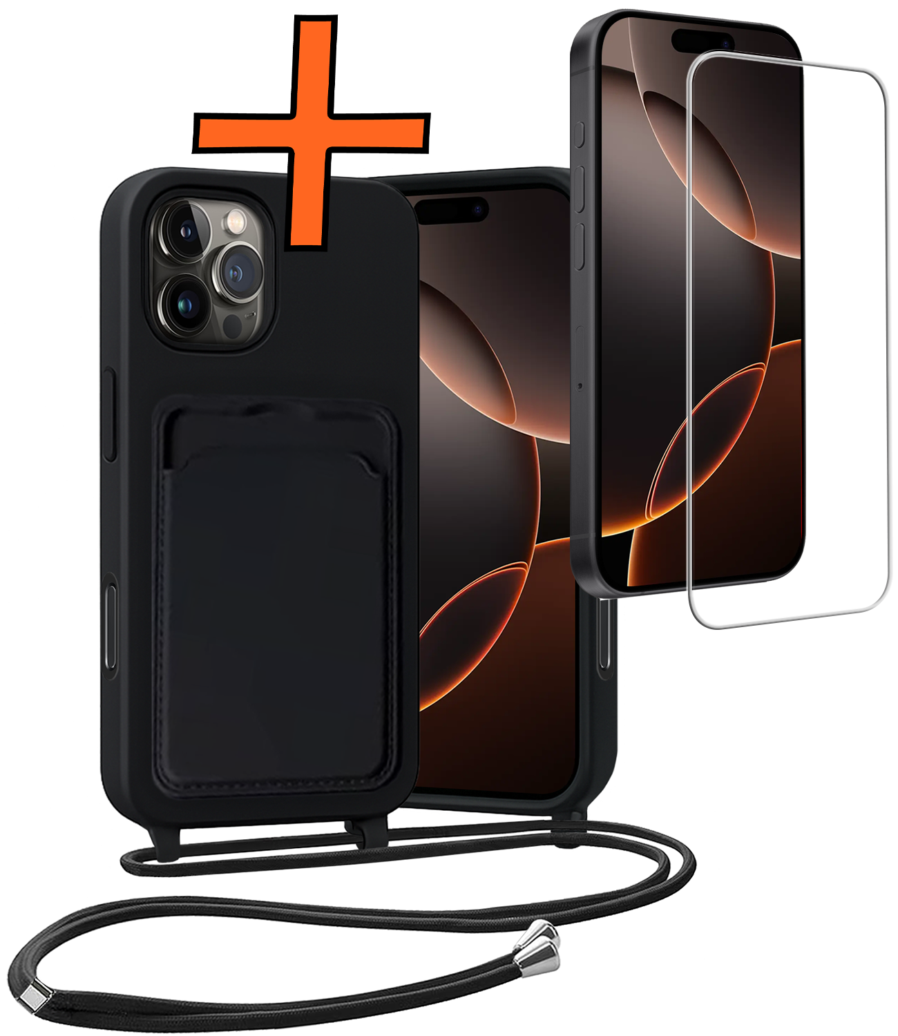 Nomfy Nomfy iPhone 16 Pro Max Hoesje Pashouder met Koord Met Screenprotector - Zwart