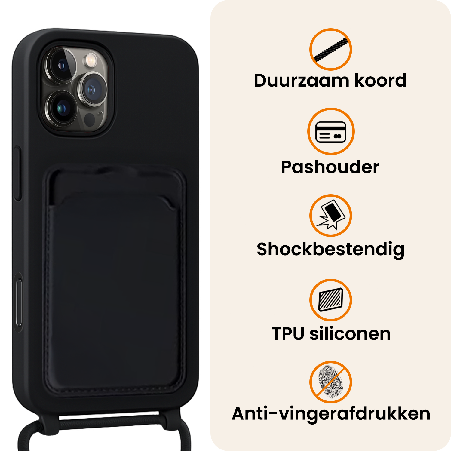Nomfy Nomfy iPhone 16 Pro Max Hoesje Pashouder met Koord - Zwart