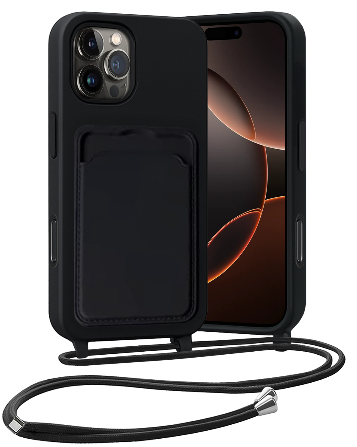 Nomfy Nomfy iPhone 16 Pro Max Hoesje Pashouder met Koord - Zwart