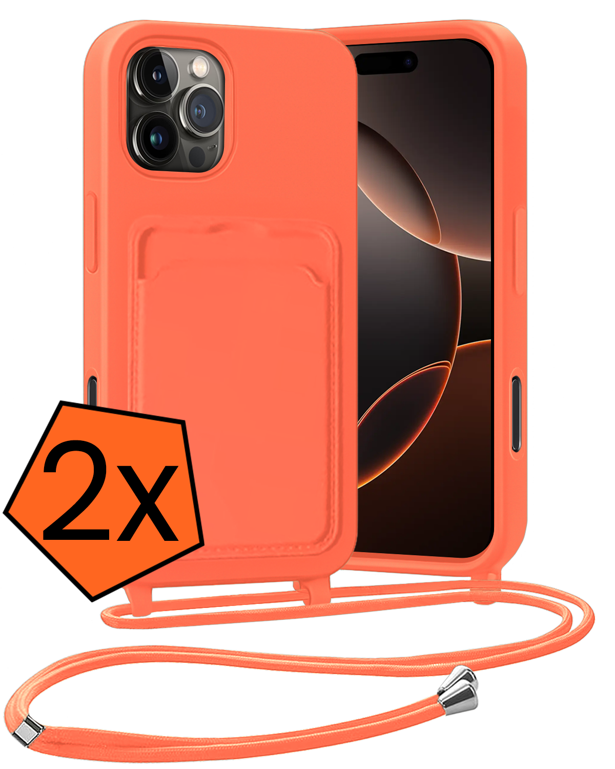 Nomfy Nomfy iPhone 16 Pro Max Hoesje Pashouder met Koord - Papaya - 2 PACK