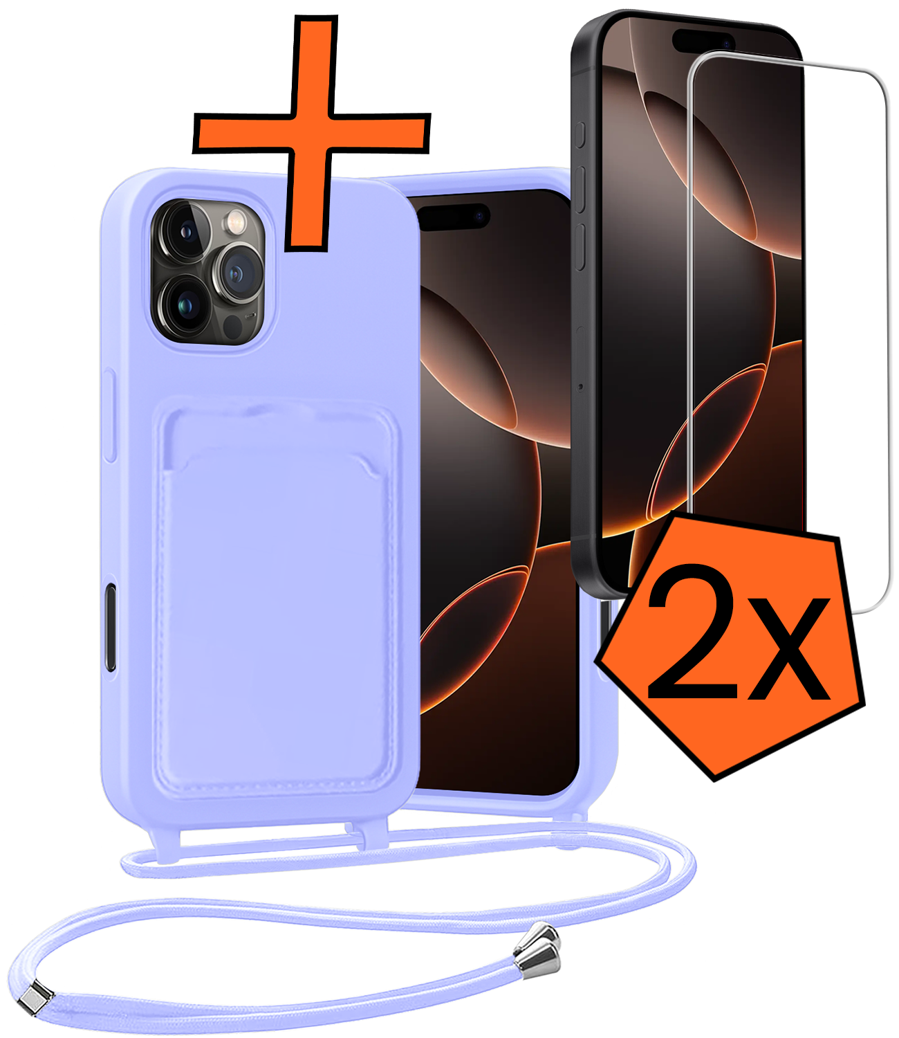Nomfy Nomfy iPhone 16 Pro Max Hoesje Pashouder met Koord Met 2x Screenprotector - Lila