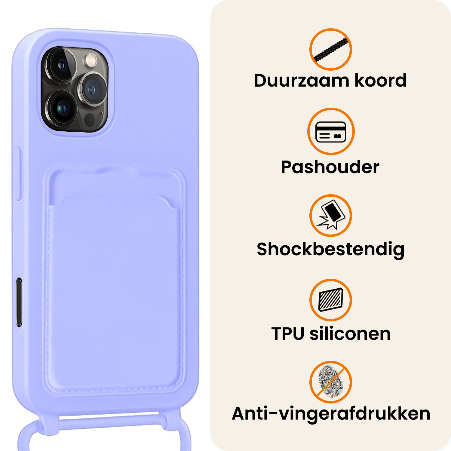 Nomfy Nomfy iPhone 16 Pro Max Hoesje Pashouder met Koord - Lila - 2 PACK