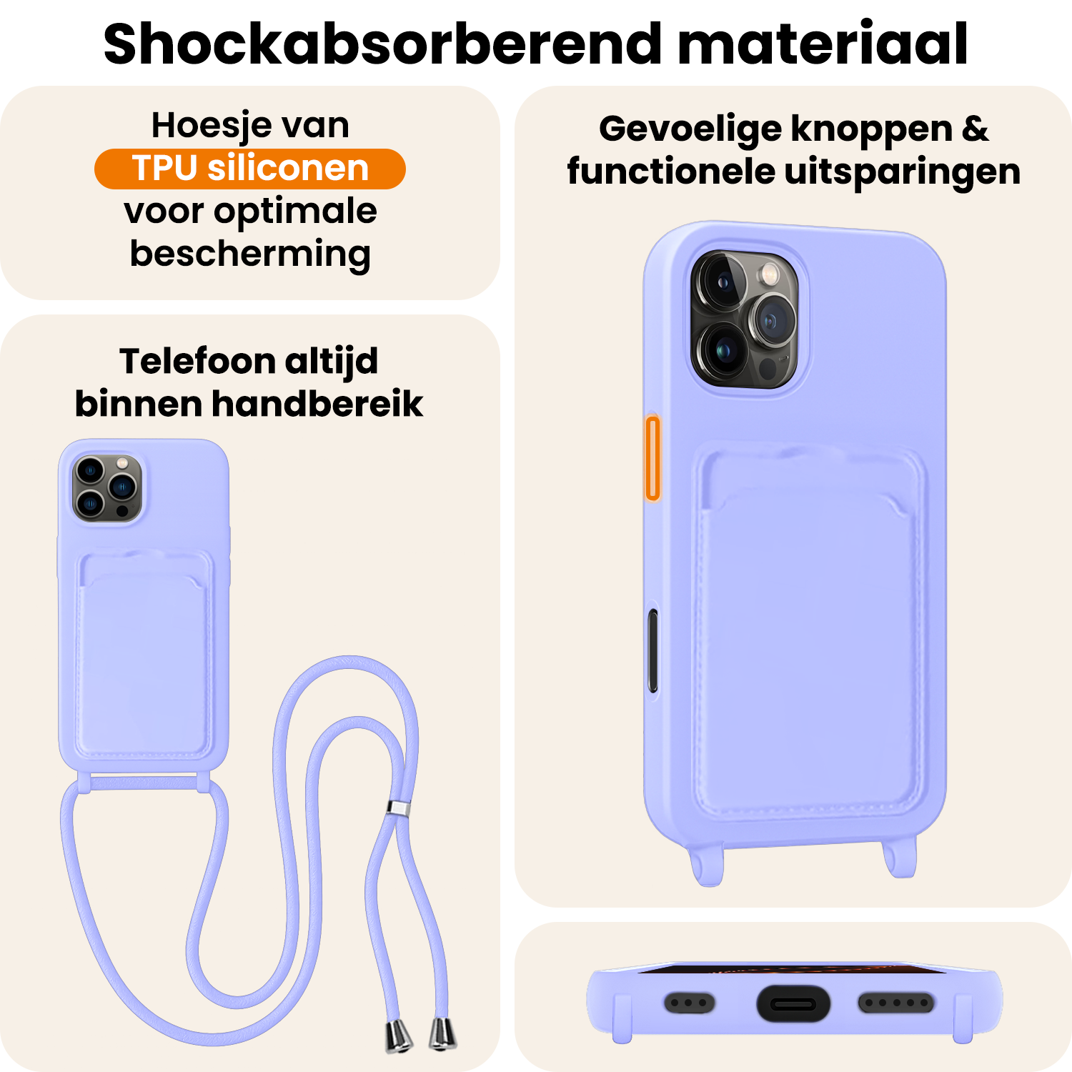 Nomfy Nomfy iPhone 16 Pro Max Hoesje Pashouder met Koord - Lila - 2 PACK