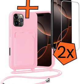 Nomfy Nomfy iPhone 16 Pro Max Hoesje Pashouder met Koord Met 2x Screenprotector - Lichtroze