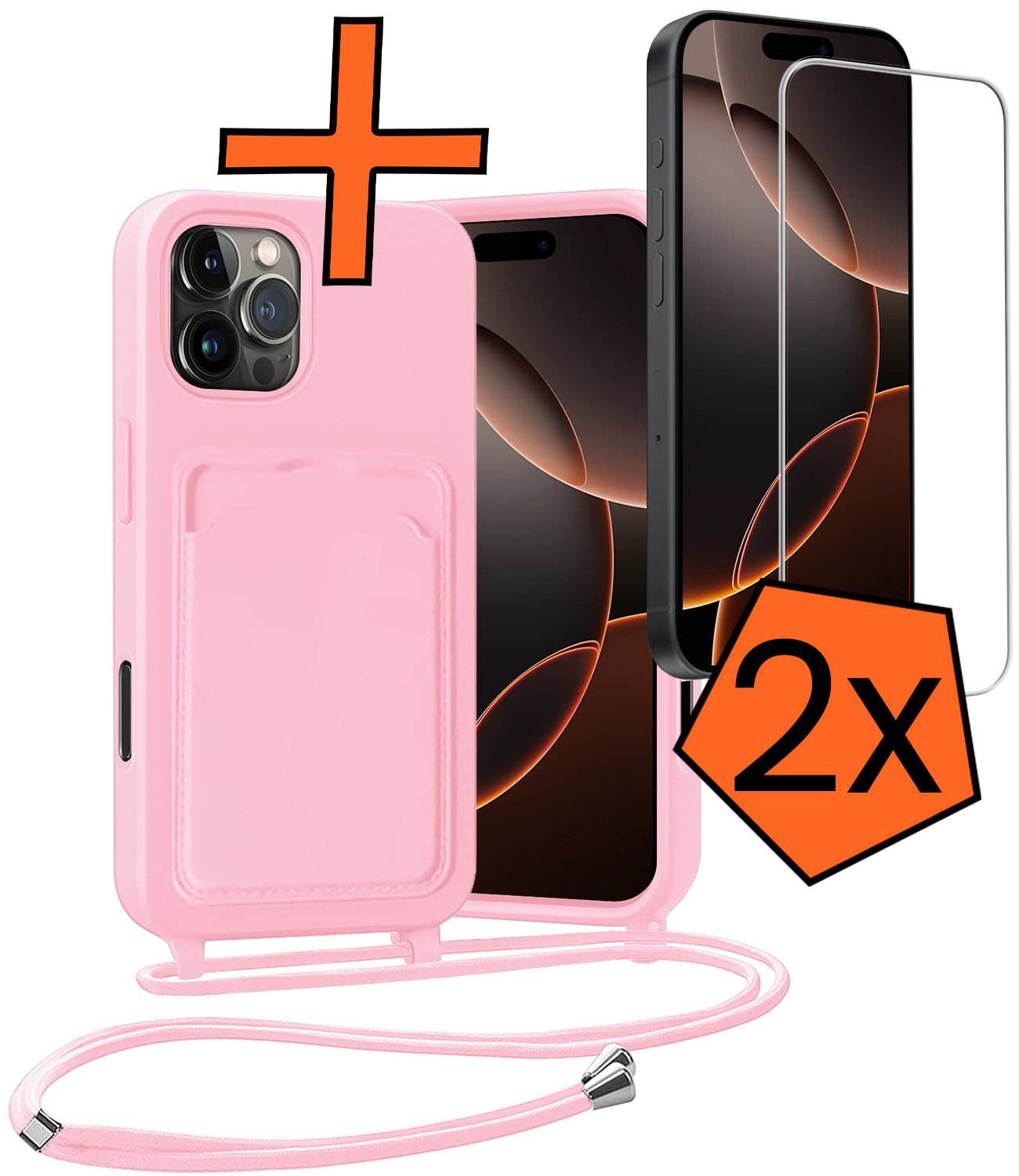 Nomfy Nomfy iPhone 16 Pro Max Hoesje Pashouder met Koord Met 2x Screenprotector - Lichtroze