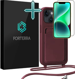 Forterra Forterra iPhone 13 Hoesje Pashouder met Koord Met Screenprotector - Aubergine
