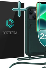 Forterra Forterra iPhone 13 Hoesje Pashouder met Koord Met 2x Screenprotector - Donkergroen