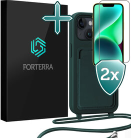 Forterra Forterra iPhone 13 Hoesje Pashouder met Koord Met 2x Screenprotector - Donkergroen