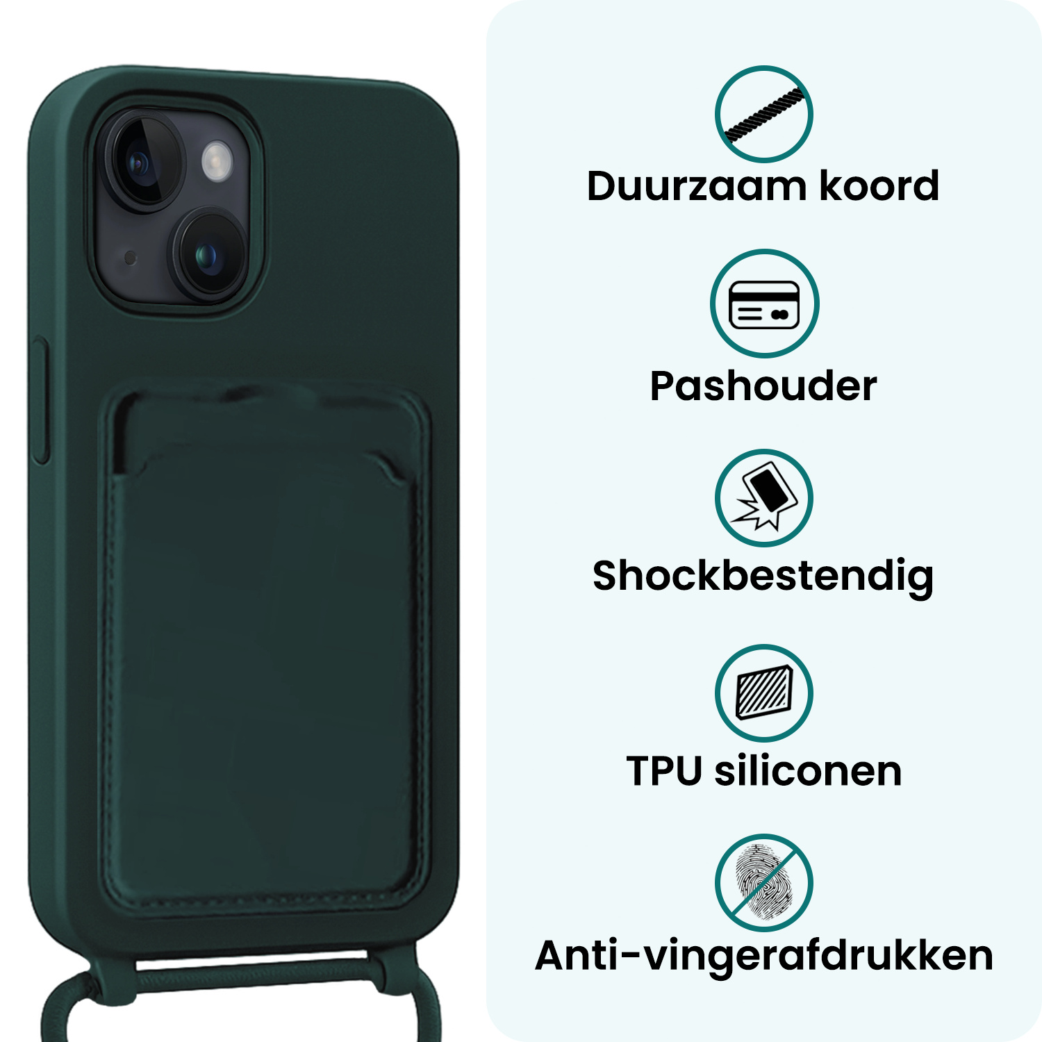 Forterra Forterra iPhone 13 Hoesje Pashouder met Koord Met 2x Screenprotector - Donkergroen
