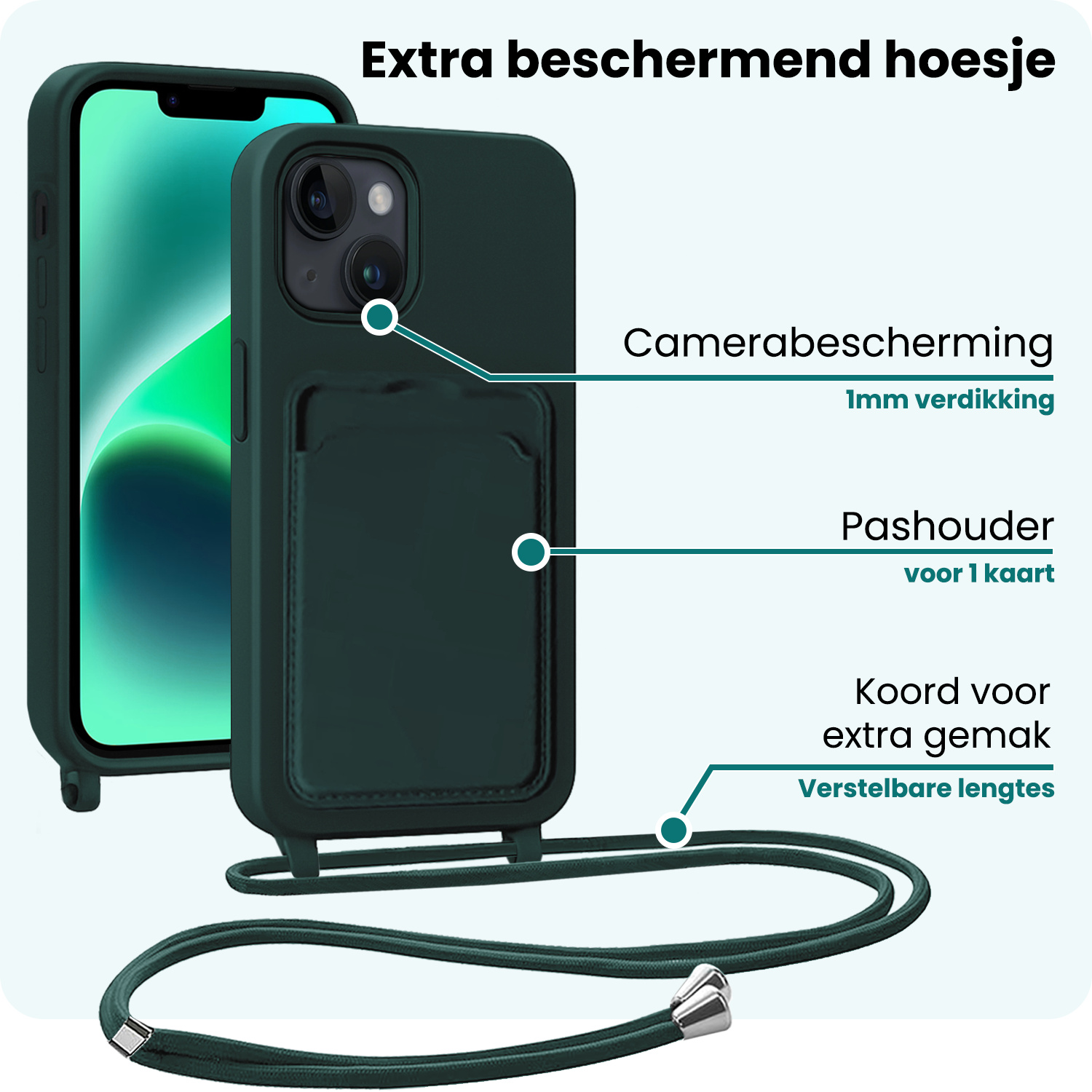 Forterra Forterra iPhone 13 Hoesje Pashouder met Koord Met 2x Screenprotector - Donkergroen