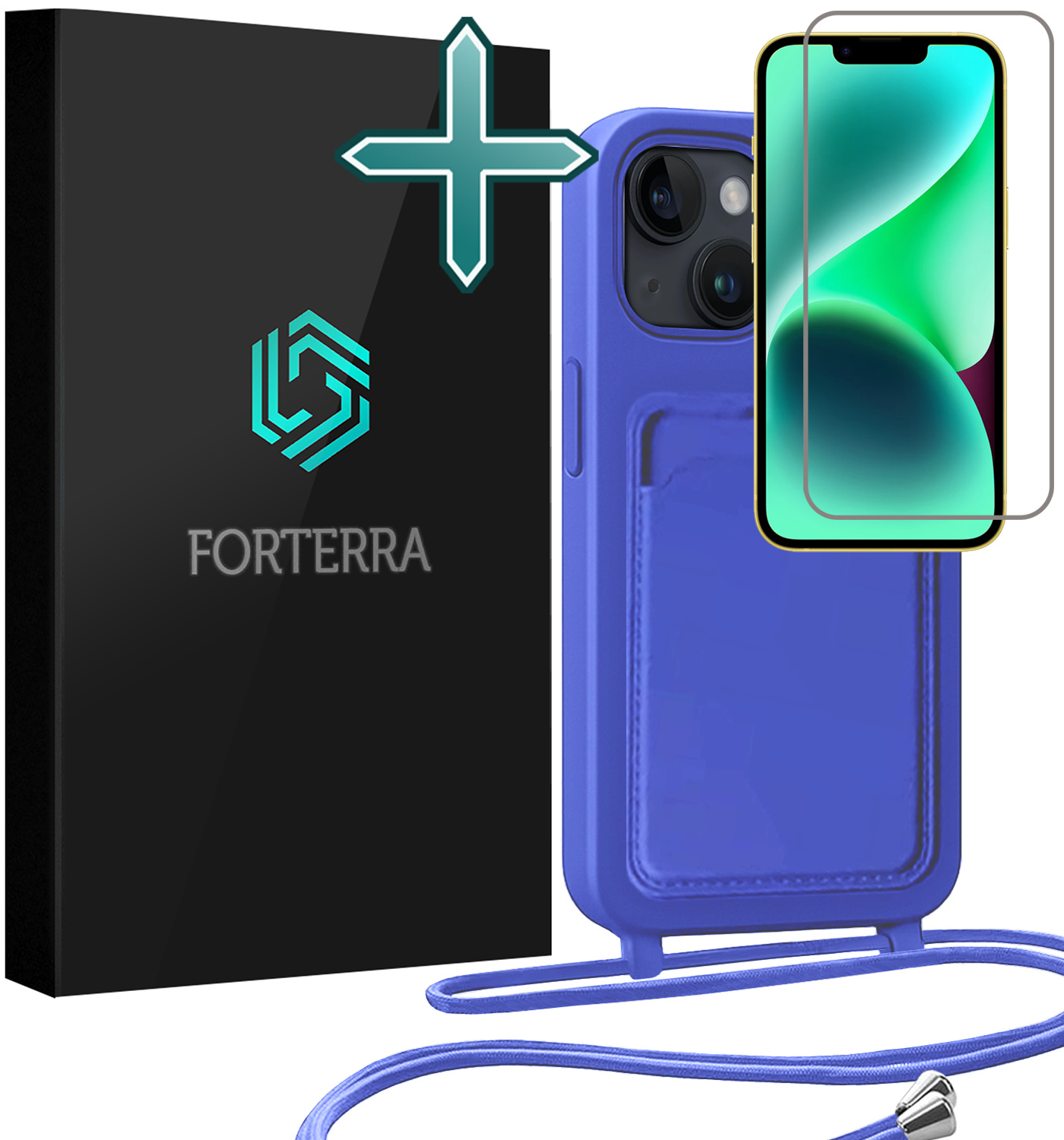 Forterra Forterra iPhone 13 Hoesje Pashouder met Koord Met Screenprotector - Fel Blauw