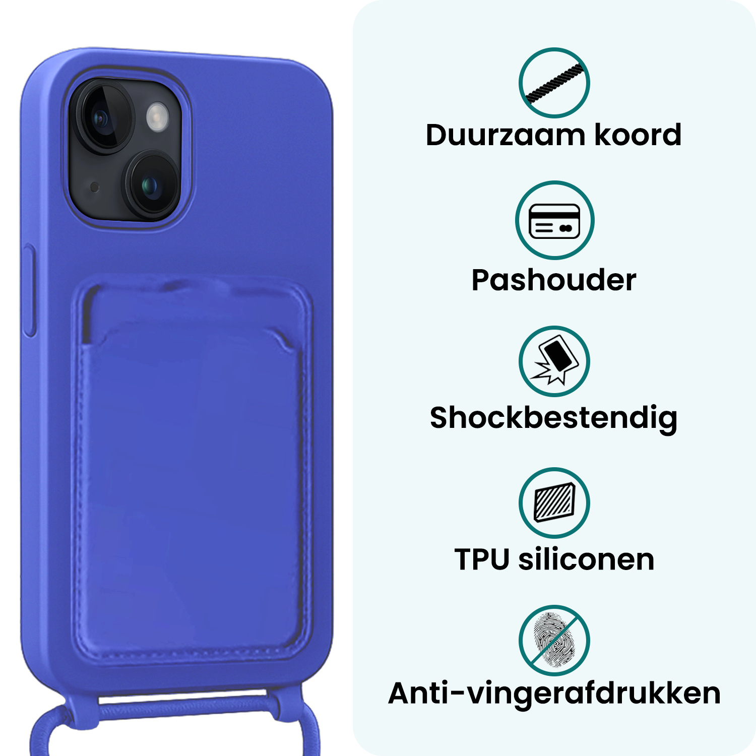 Forterra Forterra iPhone 13 Hoesje Pashouder met Koord Met 2x Screenprotector - Fel Blauw