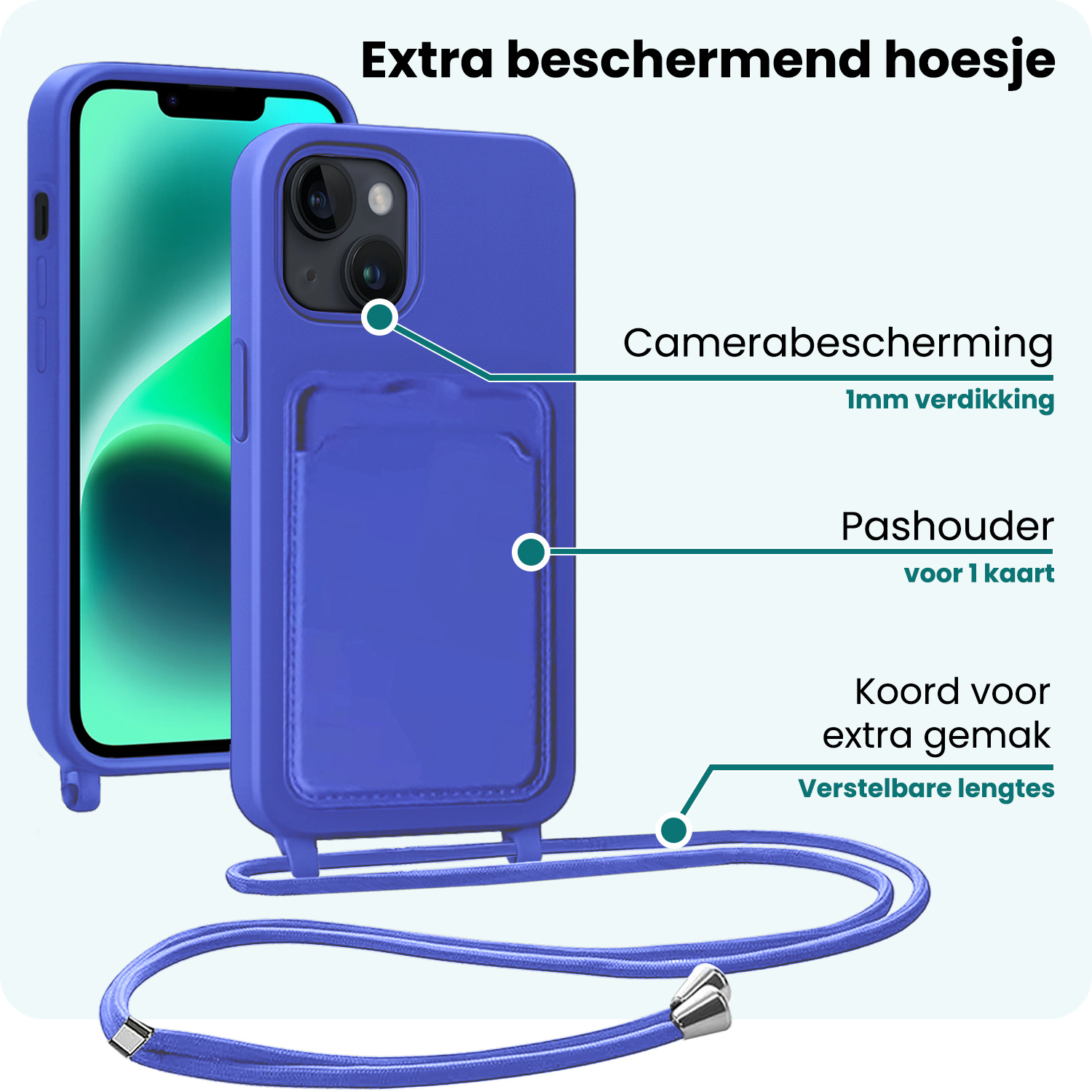 Forterra Forterra iPhone 13 Hoesje Pashouder met Koord Met 2x Screenprotector - Fel Blauw