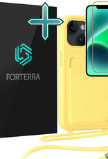 Forterra Forterra iPhone 13 Hoesje Pashouder met Koord Met Screenprotector - Geel