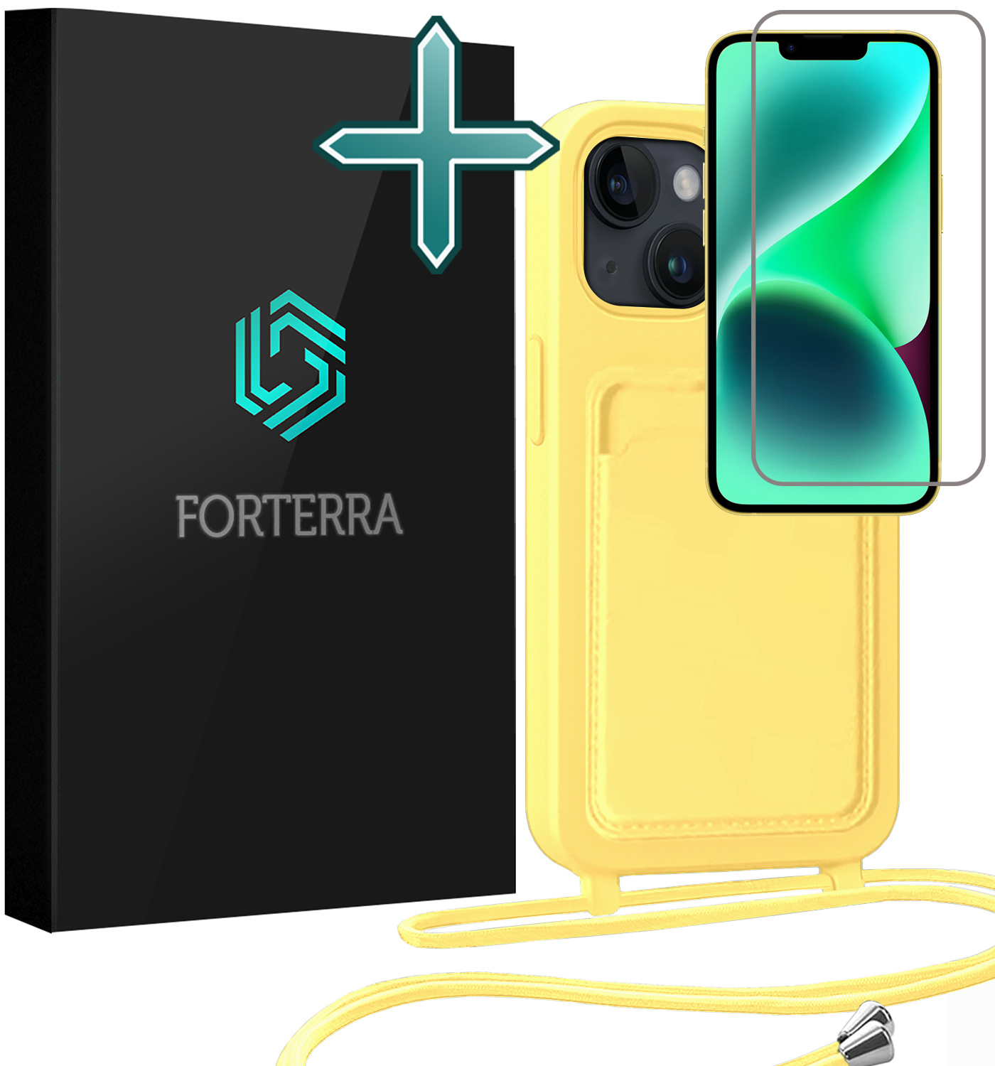 Forterra Forterra iPhone 13 Hoesje Pashouder met Koord Met Screenprotector - Geel