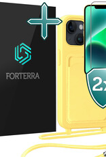 Forterra Forterra iPhone 13 Hoesje Pashouder met Koord Met 2x Screenprotector - Geel