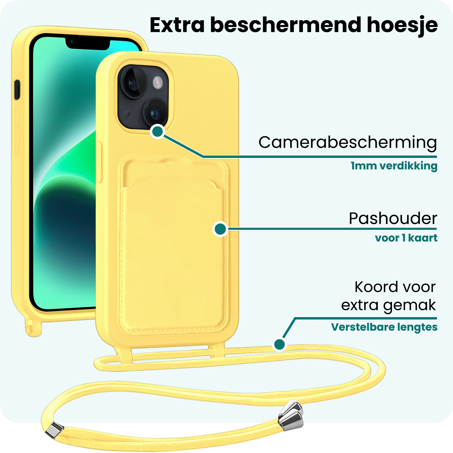 Forterra Forterra iPhone 13 Hoesje Pashouder met Koord Met 2x Screenprotector - Geel