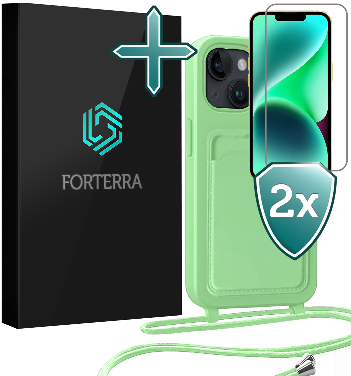 Forterra Forterra iPhone 13 Hoesje Pashouder met Koord Met 2x Screenprotector - Groen