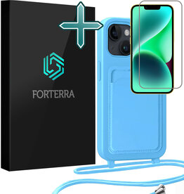 Forterra Forterra iPhone 13 Hoesje Pashouder met Koord Met Screenprotector - Lichtblauw