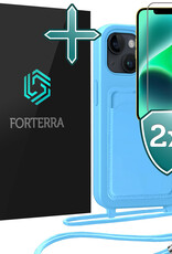 Forterra Forterra iPhone 13 Hoesje Pashouder met Koord Met 2x Screenprotector - Lichtblauw