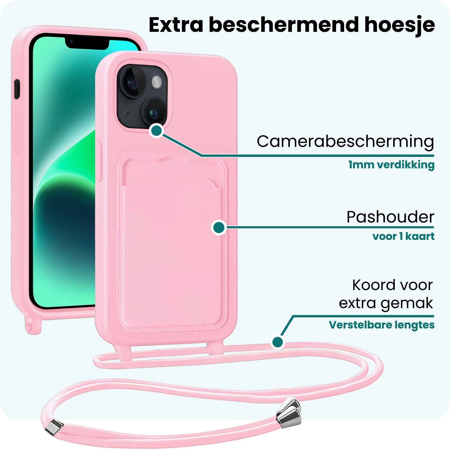 Forterra Forterra iPhone 13 Hoesje Pashouder met Koord Met Screenprotector - Lichtroze