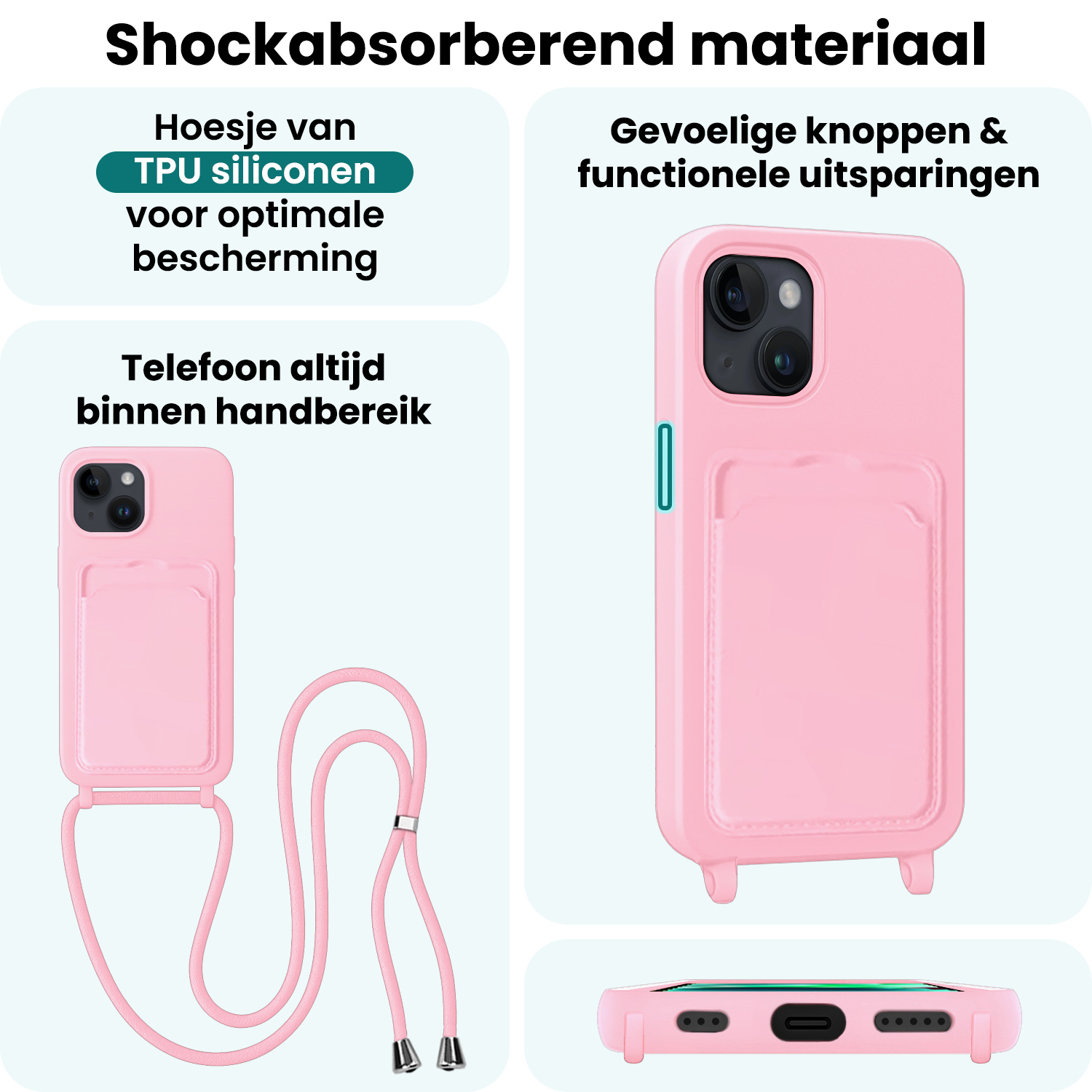 Forterra Forterra iPhone 13 Hoesje Pashouder met Koord Met Screenprotector - Lichtroze