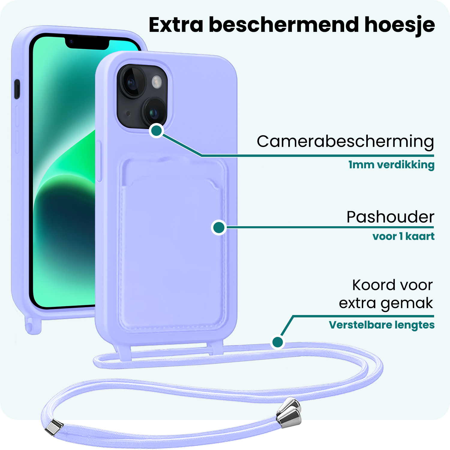 Forterra Forterra iPhone 13 Hoesje Pashouder met Koord Met 2x Screenprotector - Lila