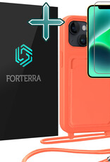 Forterra Forterra iPhone 13 Hoesje Pashouder met Koord Met Screenprotector - Papaya