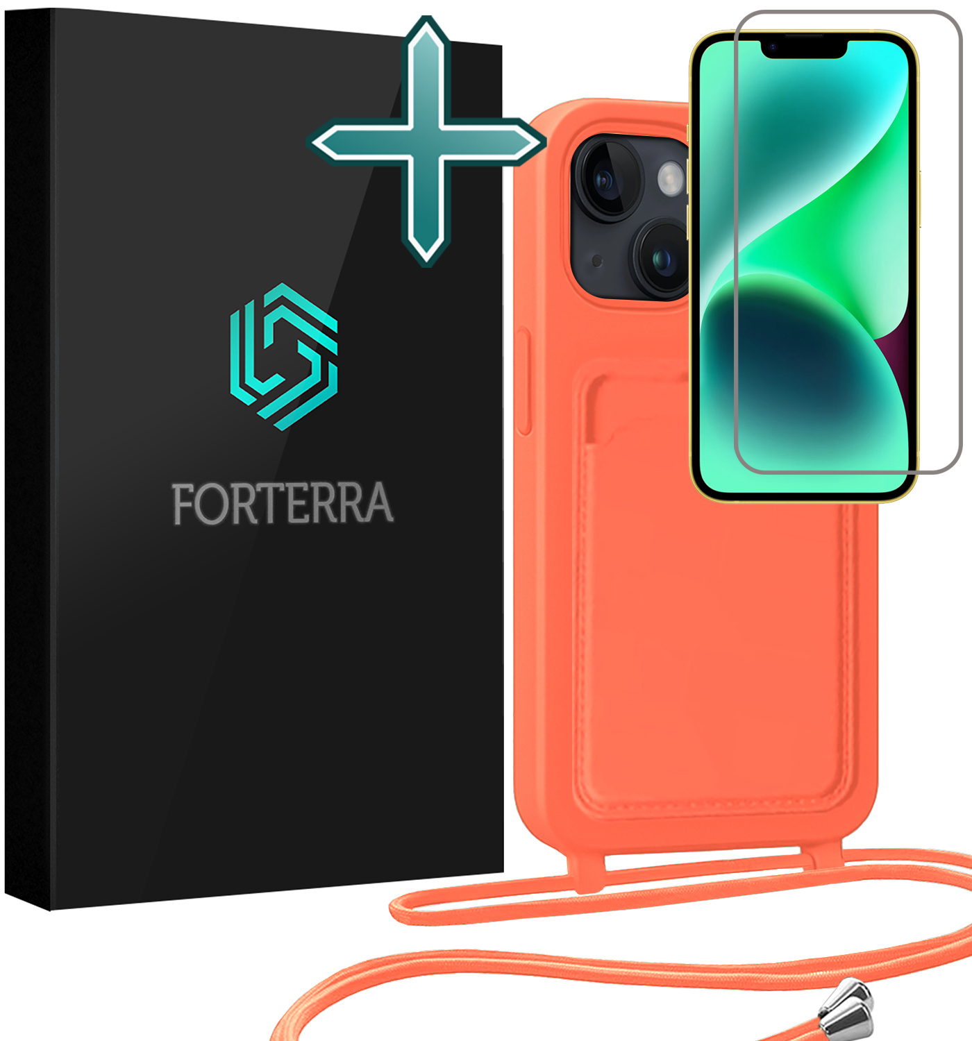 Forterra Forterra iPhone 13 Hoesje Pashouder met Koord Met Screenprotector - Papaya