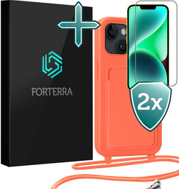 Forterra Forterra iPhone 13 Hoesje Pashouder met Koord Met 2x Screenprotector - Papaya
